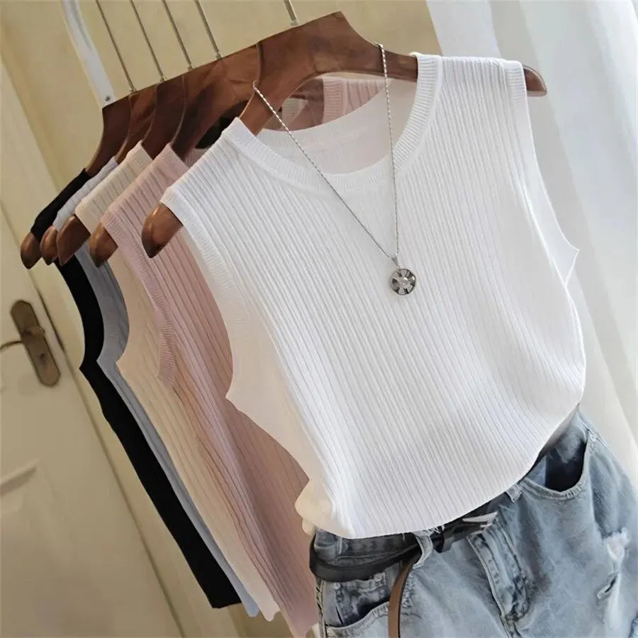 Ava Sleeveless Knitted Vest Top — Women’s Lightweight O-Neck Summer Knit Tank Casual Layering Top 1