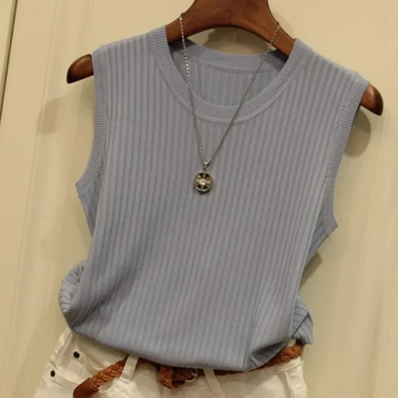 Ava Sleeveless Knitted Vest Top — Women’s Lightweight O-Neck Summer Knit Tank Casual Layering Top 2