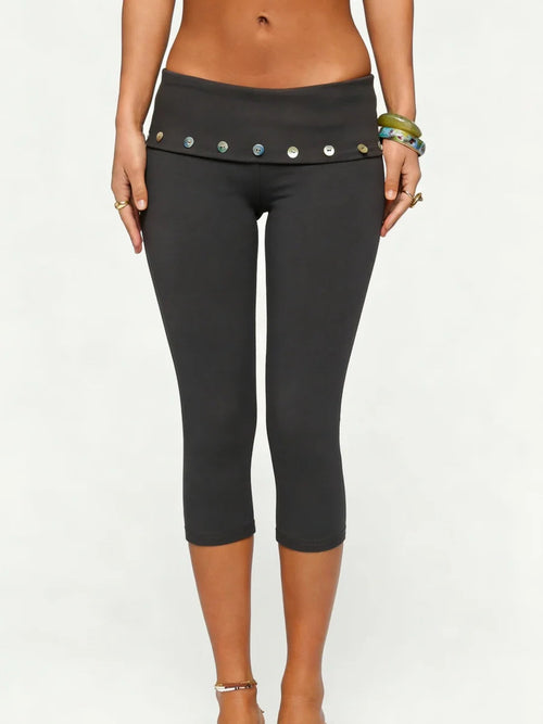 Black Capri Leggings with Fold-Over Button Embellished Waistband | Women's Boho Stretch Capris 1
