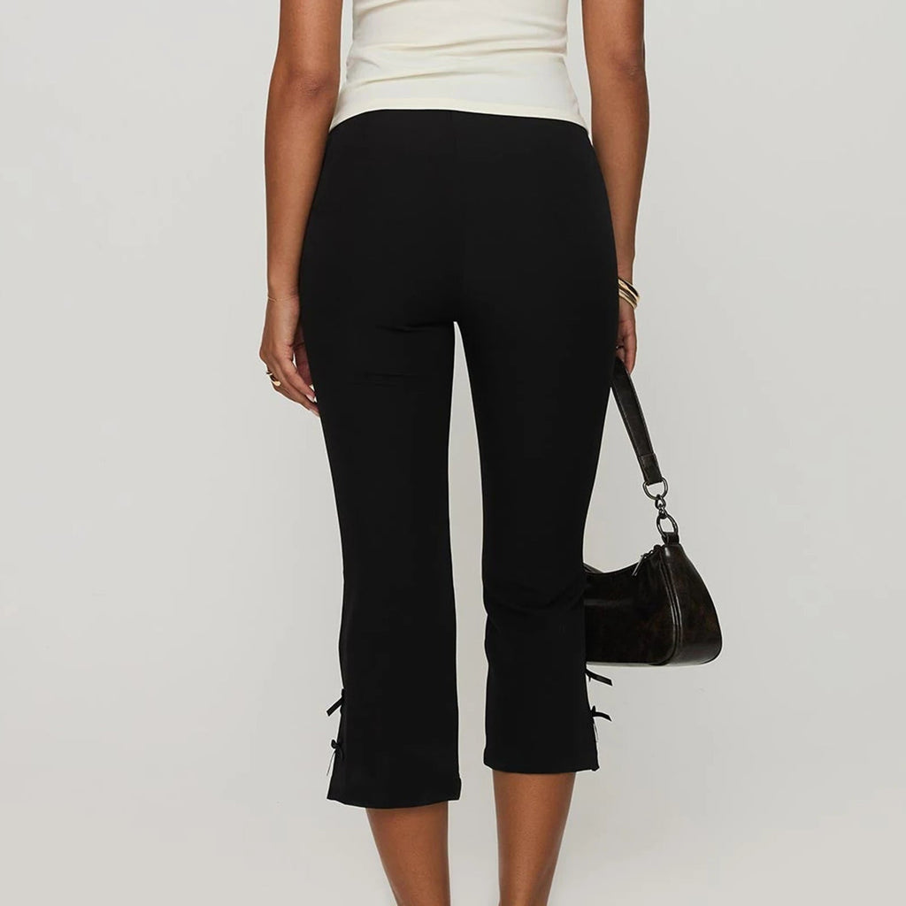 Black Capri Pants with Satin Bow Hem Detail Women's Cropped Flare Trousers 3