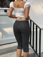 Black & White Polka Dot Capri Pants with Lace Ruffle Hem Women's Retro Print Stretch Capris 4