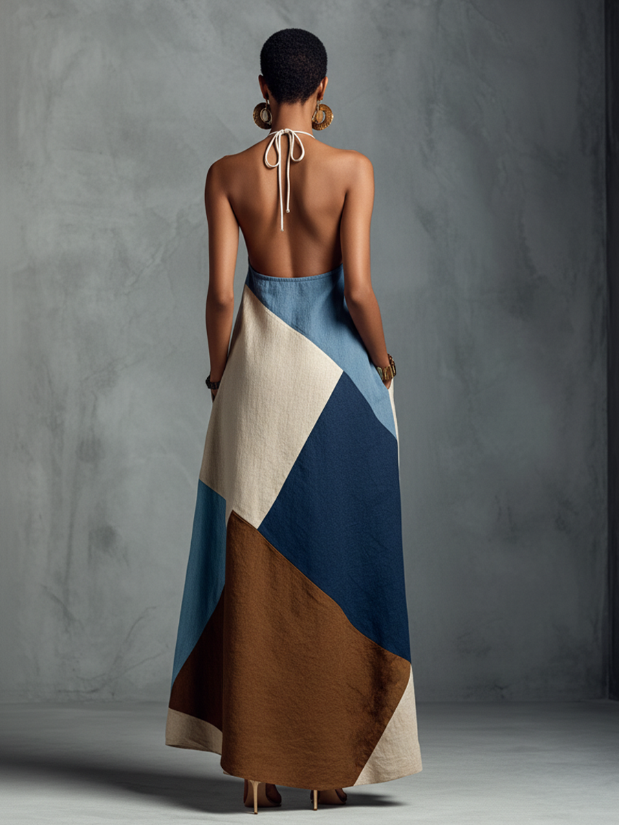 Bohemian Patchwork Maxi Dress | Flowy Cotton Linen Blend with Halter Neckline for Effortless Summer Style 4