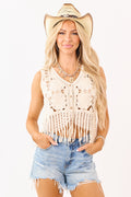 Breezy Boho | Open Crochet Cotton Tank Top with Fringe Hem | Sheer, Breathable Design 0