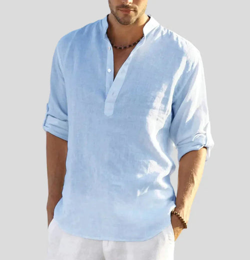 Casual Comfort | Men's Linen Henley Shirt with Roll-Up Sleeves | Relaxed Fit for Versatile Everyday Style 0