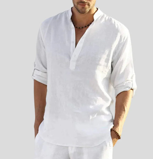 Casual Comfort | Men's Linen Henley Shirt with Roll-Up Sleeves | Relaxed Fit for Versatile Everyday Style 1