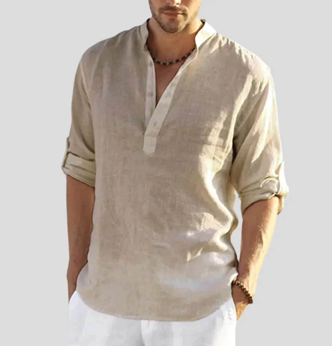 Casual Comfort | Men's Linen Henley Shirt with Roll-Up Sleeves | Relaxed Fit for Versatile Everyday Style 2