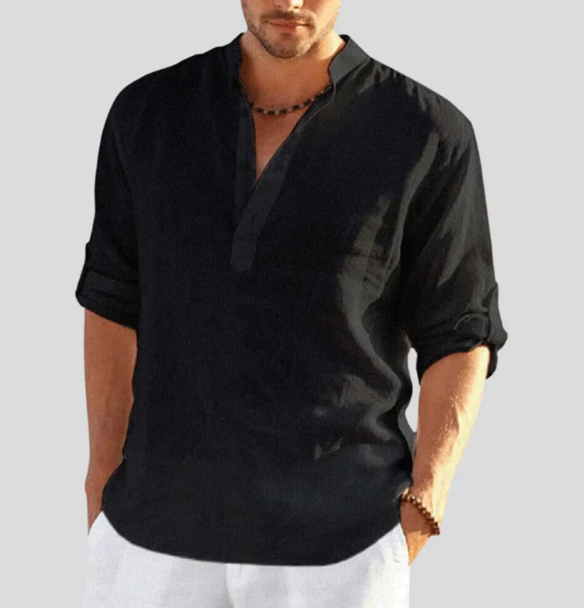 Casual Comfort | Men's Linen Henley Shirt with Roll-Up Sleeves | Relaxed Fit for Versatile Everyday Style 3
