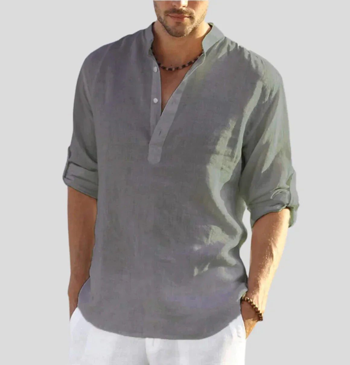 Casual Comfort | Men's Linen Henley Shirt with Roll-Up Sleeves | Relaxed Fit for Versatile Everyday Style 4