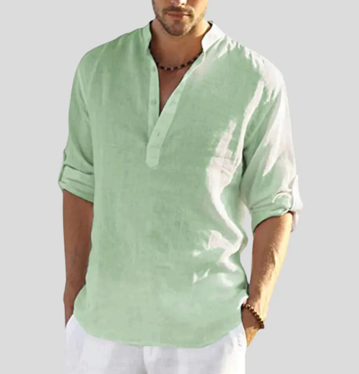 Casual Comfort | Men's Linen Henley Shirt with Roll-Up Sleeves | Relaxed Fit for Versatile Everyday Style 5