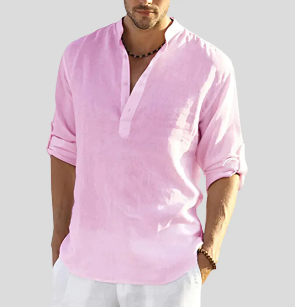 Casual Comfort | Men's Linen Henley Shirt with Roll-Up Sleeves | Relaxed Fit for Versatile Everyday Style 6