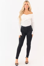 Coated Black Skinny Jeans for Women with Stretchy Fit & Button 0