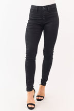 Coated Black Skinny Jeans for Women with Stretchy Fit & Button 1