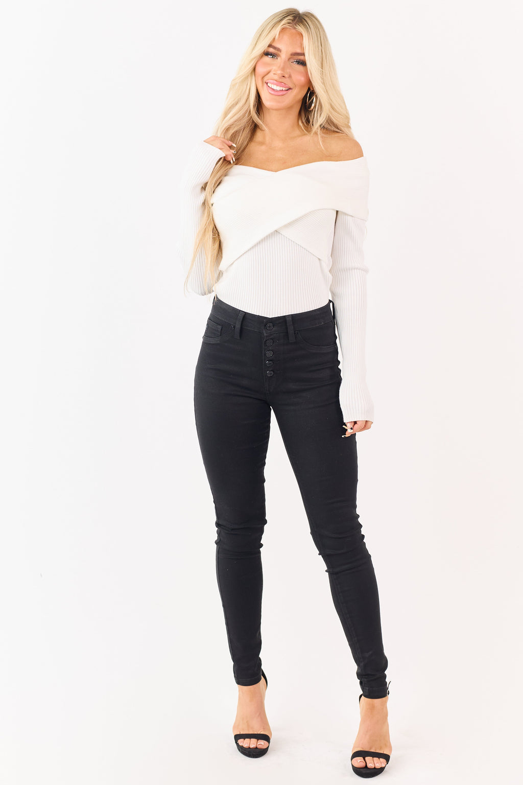 Coated Black Skinny Jeans for Women with Stretchy Fit & Button 4