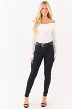Coated Black Skinny Jeans for Women with Stretchy Fit & Button 5
