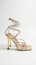 Elegant Ankle Coil Mid Heels with Rhinestone Straps | Luxurious Lace-Up Design for Glamorous Occasions 0