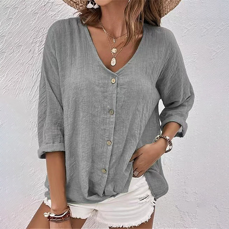 Elegant Linen Blouse | Women's Blouse with Cooling V-Neckline | Lightweight Summer Top for Effortless Style 4