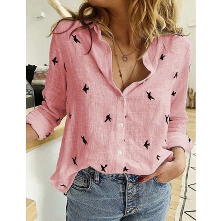 Elegant Linen Blouse | Women's Long Sleeve Top with Artistic Patterns | Versatile Style for Effortless Elegance 0