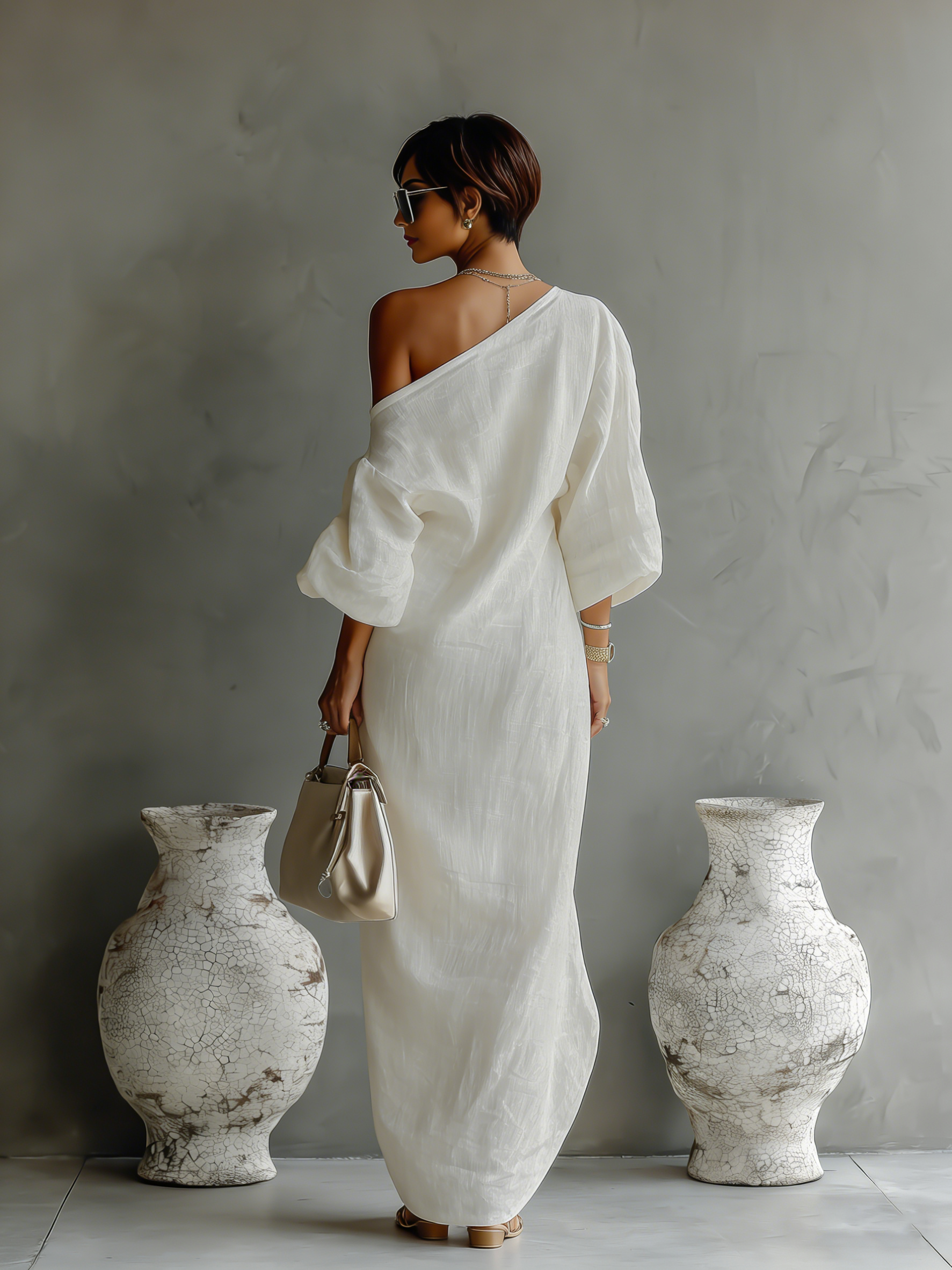 Elegant One-Shoulder Women's Maxi Dress in Ivory White Cotton-Linen Blend for Sophisticated Style 1