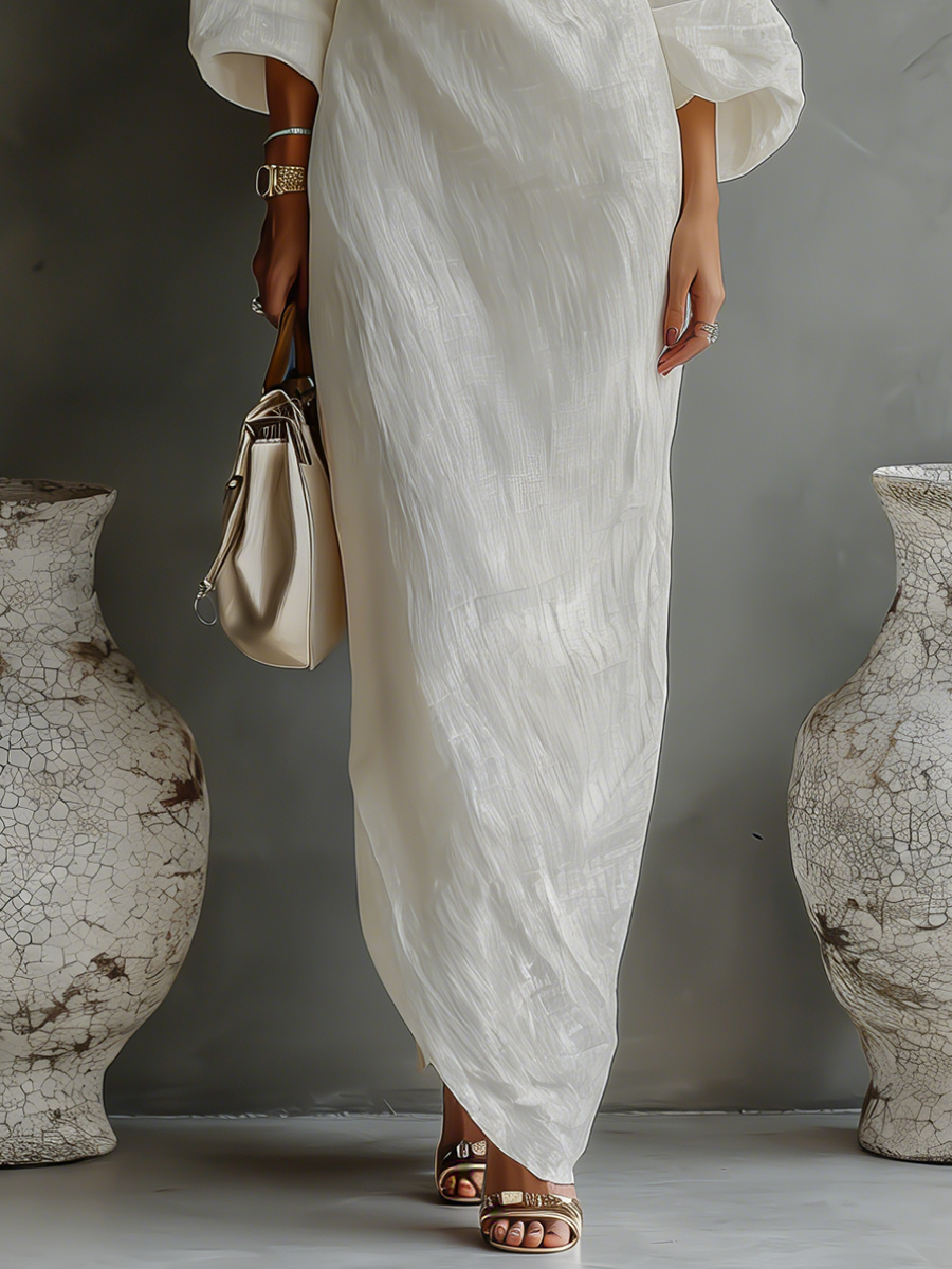 Elegant One-Shoulder Women's Maxi Dress in Ivory White Cotton-Linen Blend for Sophisticated Style 6