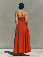 Elegant Resort Style | Women's Red Linen Maxi Dress with Halter Neck | Flowy Pleated Skirt for Effortless Movement 5