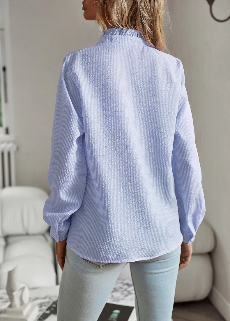 Elegant Women's Blouse with Ruffled Trim & Button-Down Front | Stylish Long Sleeve Top for Professional & Casual Wear 2