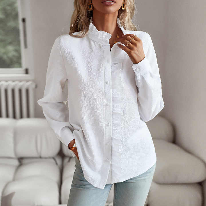Elegant Women's Blouse with Ruffled Trim & Button-Down Front | Stylish Long Sleeve Top for Professional & Casual Wear 3