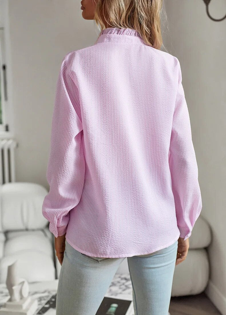 Elegant Women's Blouse with Ruffled Trim & Button-Down Front | Stylish Long Sleeve Top for Professional & Casual Wear 5