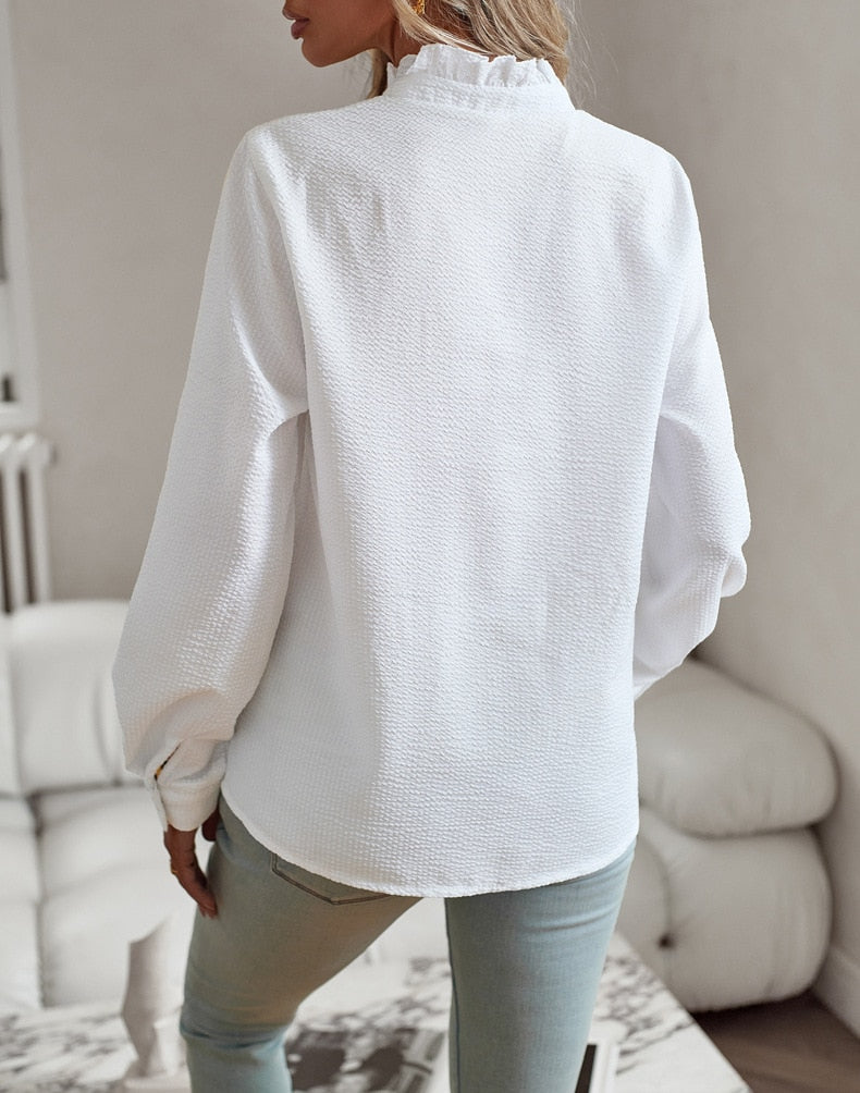 Elegant Women's Blouse with Ruffled Trim & Button-Down Front | Stylish Long Sleeve Top for Professional & Casual Wear 7