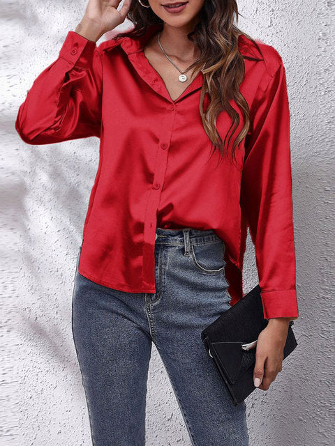 Elegant Women's Silk Blouse with Luxurious Shine | Long Sleeve Button-Down Top for Effortless Style 14