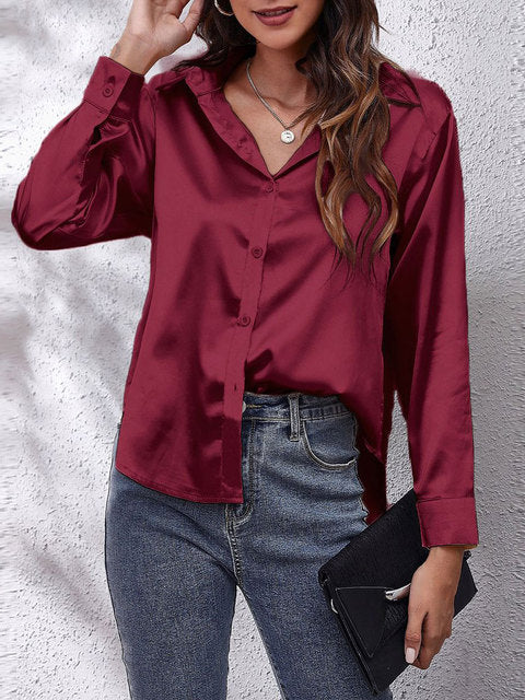 Elegant Women's Silk Blouse with Luxurious Shine | Long Sleeve Button-Down Top for Effortless Style 15