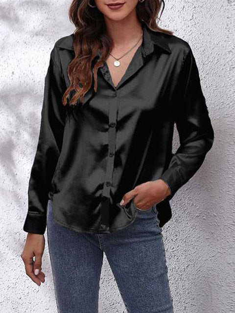 Elegant Women's Silk Blouse with Luxurious Shine | Long Sleeve Button-Down Top for Effortless Style 16