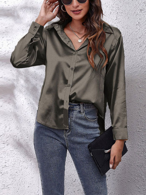 Elegant Women's Silk Blouse with Luxurious Shine | Long Sleeve Button-Down Top for Effortless Style 9