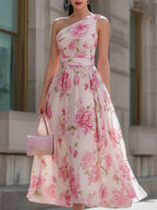 Floral Midi Dress | Women's Dress with One-Shoulder Design | Elegant Wedding Guest Dress for Timeless Style 0