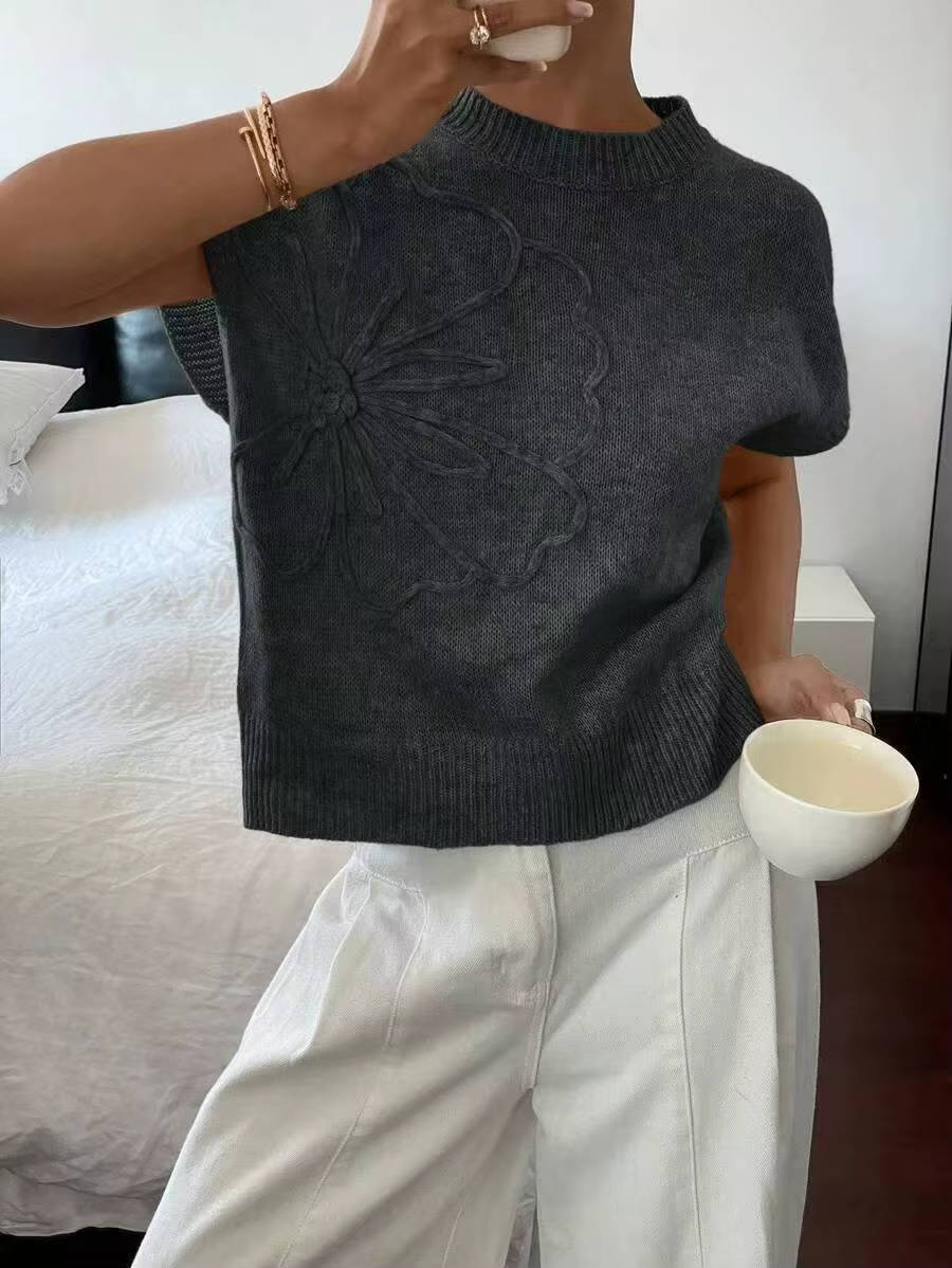 Floral Texture Knit Top — Women’s Lightweight Boxy Pullover Cap Sleeve Crew Neck Summer Sweater Top 1