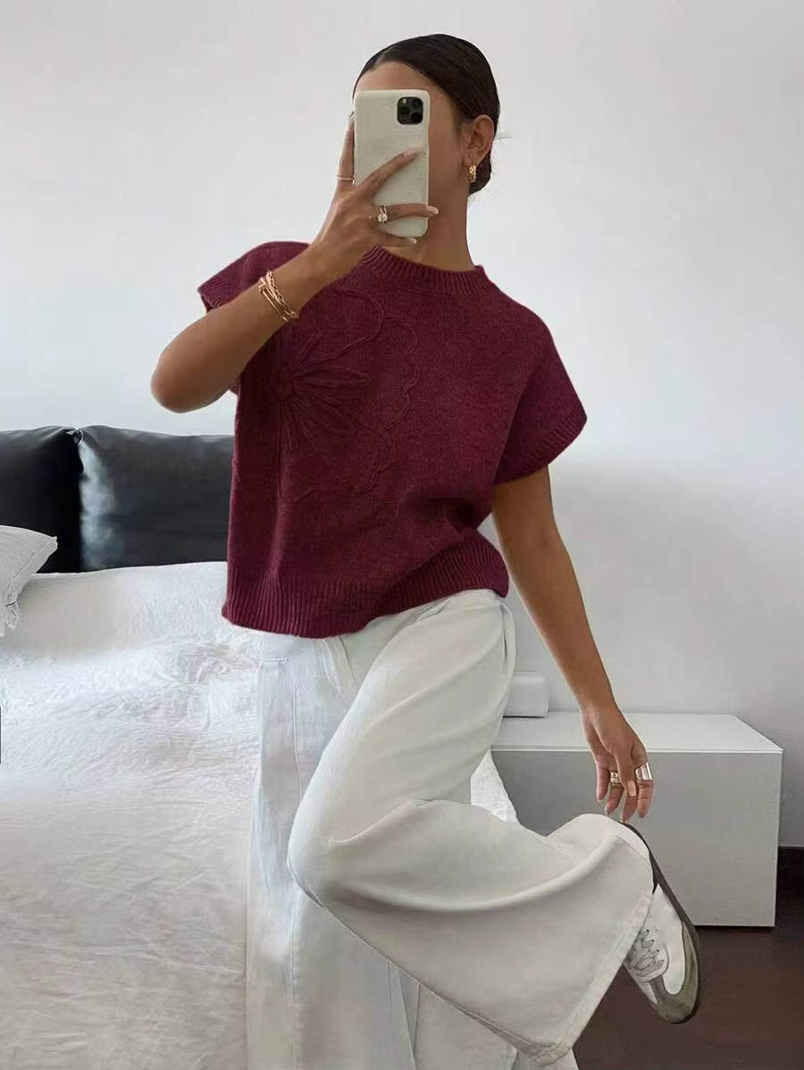 Floral Texture Knit Top — Women’s Lightweight Boxy Pullover Cap Sleeve Crew Neck Summer Sweater Top 2
