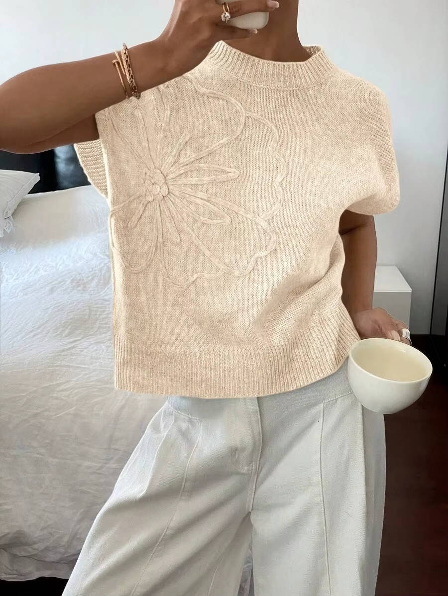 Floral Texture Knit Top — Women’s Lightweight Boxy Pullover Cap Sleeve Crew Neck Summer Sweater Top 3