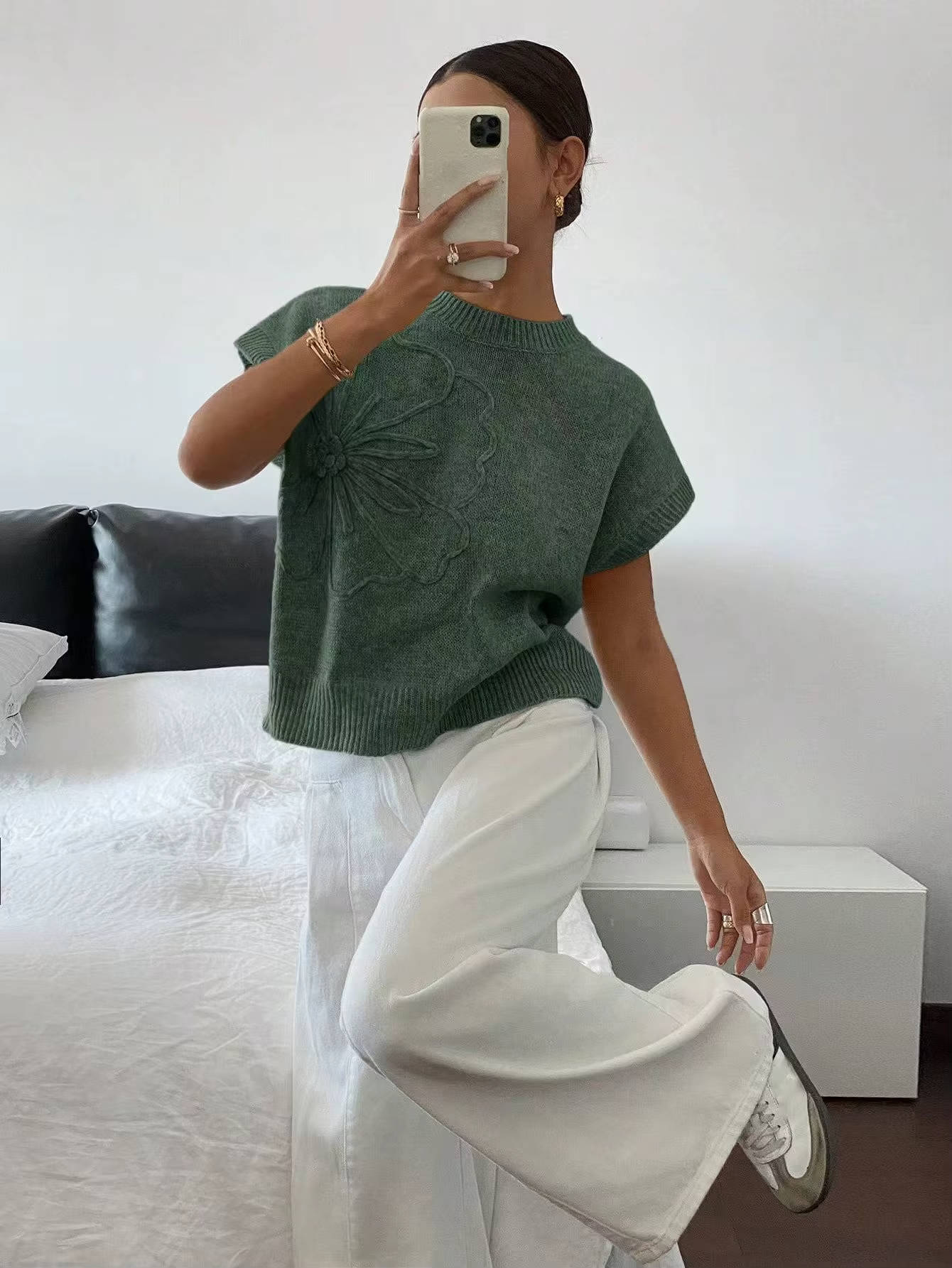 Floral Texture Knit Top — Women’s Lightweight Boxy Pullover Cap Sleeve Crew Neck Summer Sweater Top 4