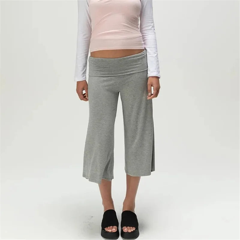 Gray Low-Rise Wide Leg Capri Pants Women's Y2K Fold-Over Waistband Capris 0