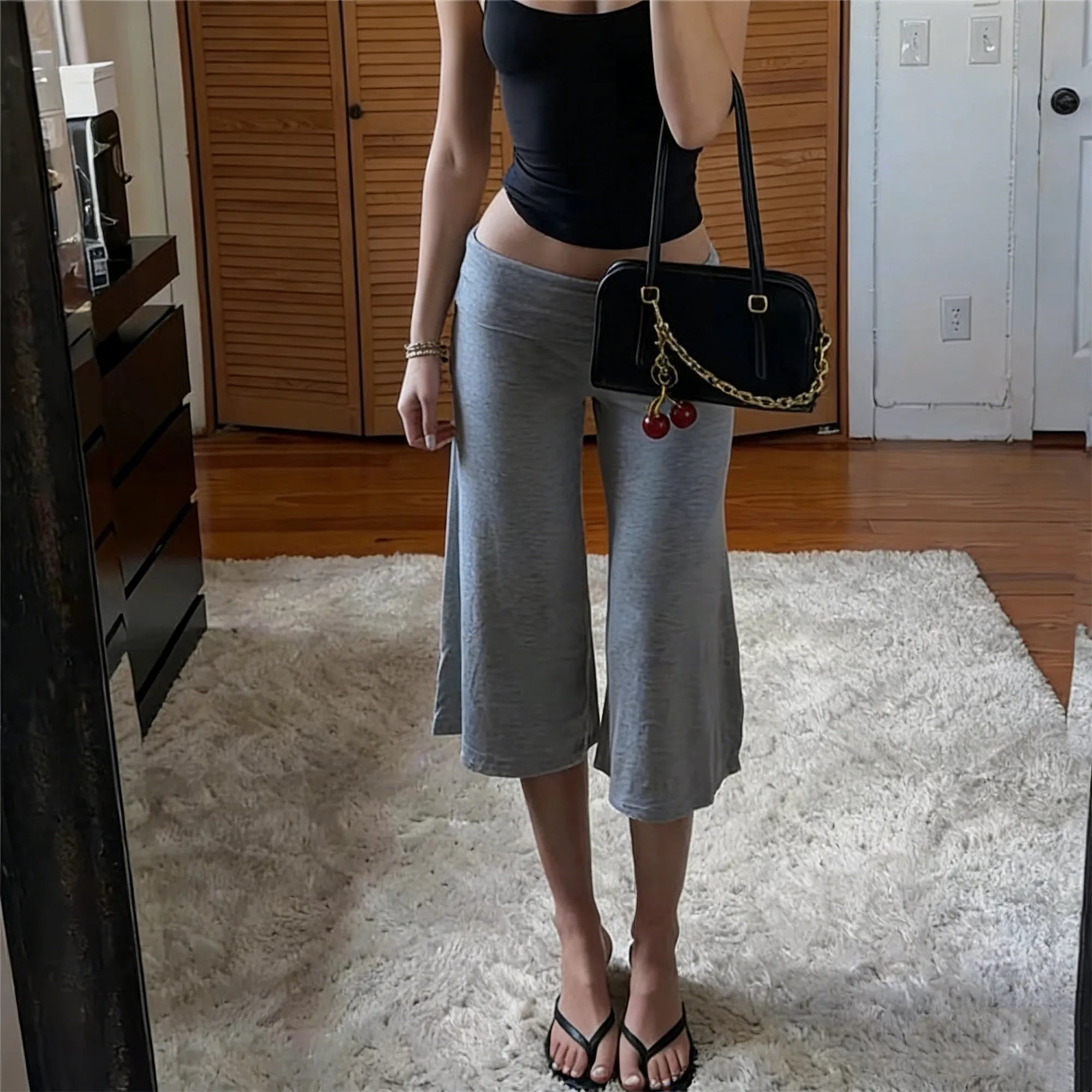 Gray Low-Rise Wide Leg Capri Pants Women's Y2K Fold-Over Waistband Capris 1
