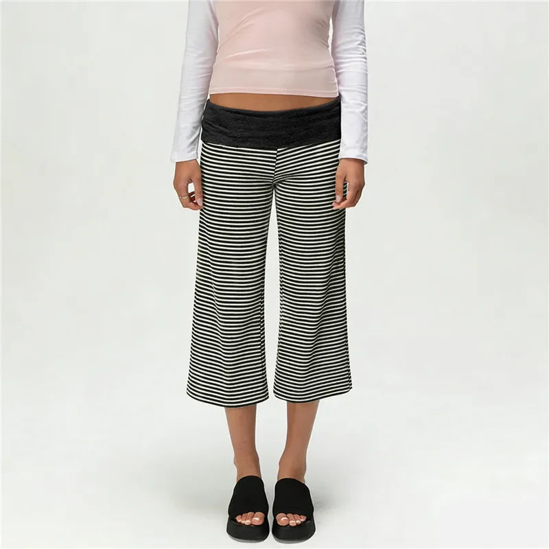 Gray Low-Rise Wide Leg Capri Pants Women's Y2K Fold-Over Waistband Capris 10