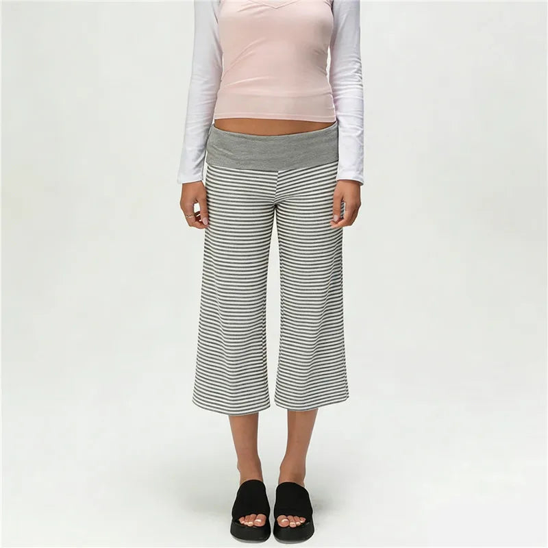 Gray Low-Rise Wide Leg Capri Pants Women's Y2K Fold-Over Waistband Capris 11