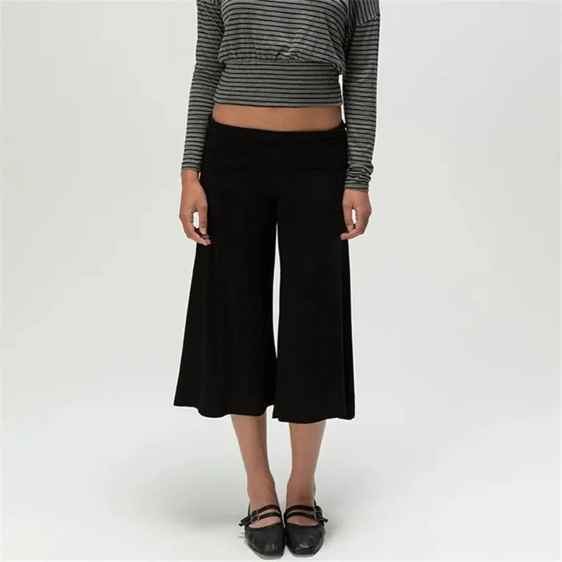 Gray Low-Rise Wide Leg Capri Pants Women's Y2K Fold-Over Waistband Capris 4