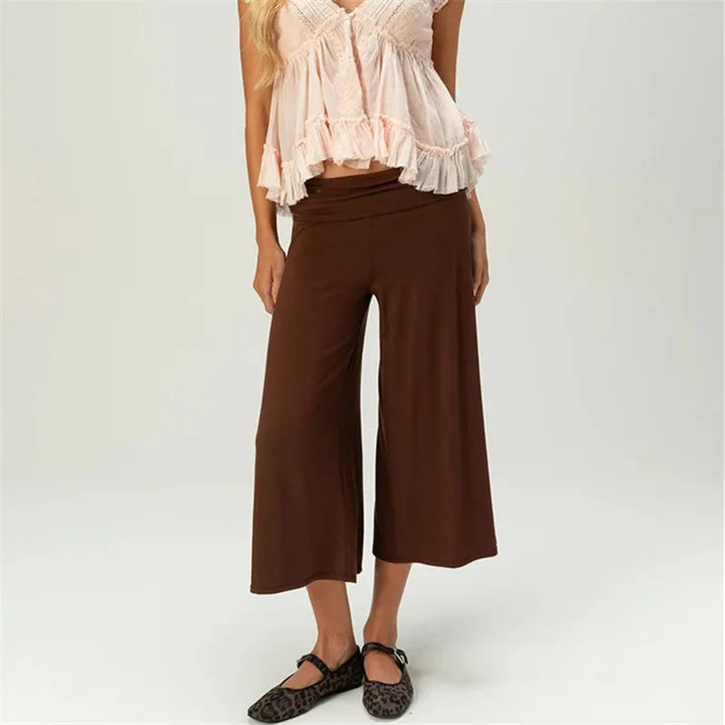 Gray Low-Rise Wide Leg Capri Pants Women's Y2K Fold-Over Waistband Capris 5