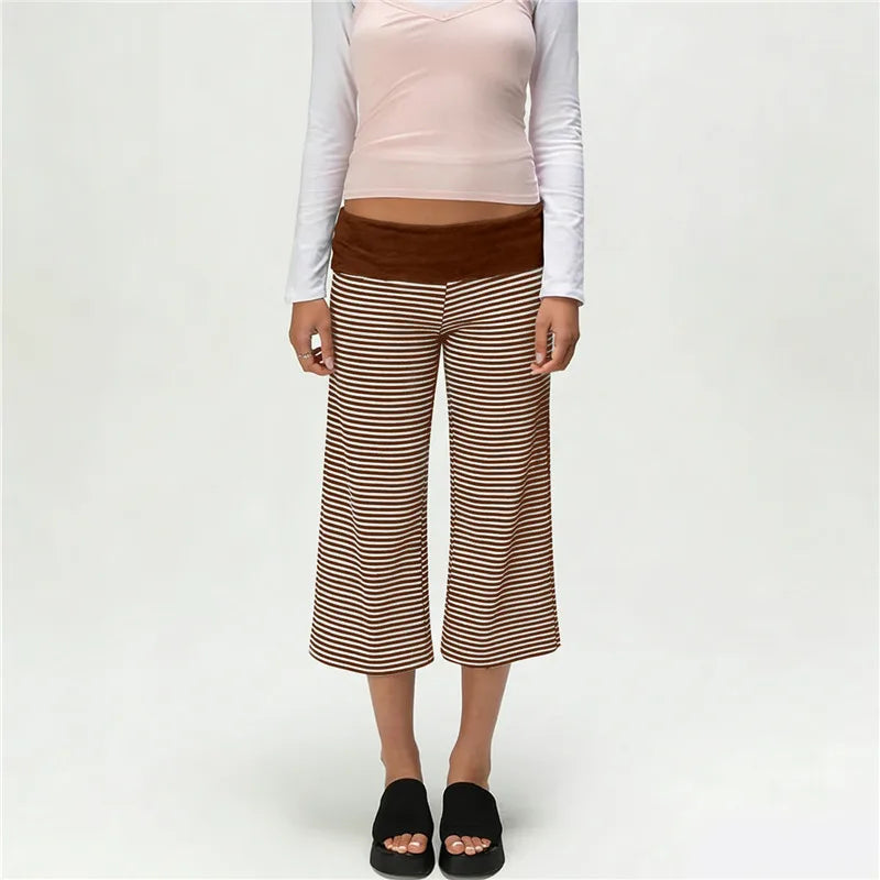Gray Low-Rise Wide Leg Capri Pants Women's Y2K Fold-Over Waistband Capris 6