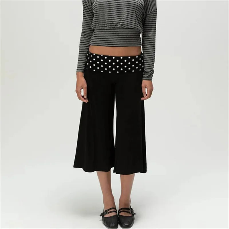 Gray Low-Rise Wide Leg Capri Pants Women's Y2K Fold-Over Waistband Capris 7
