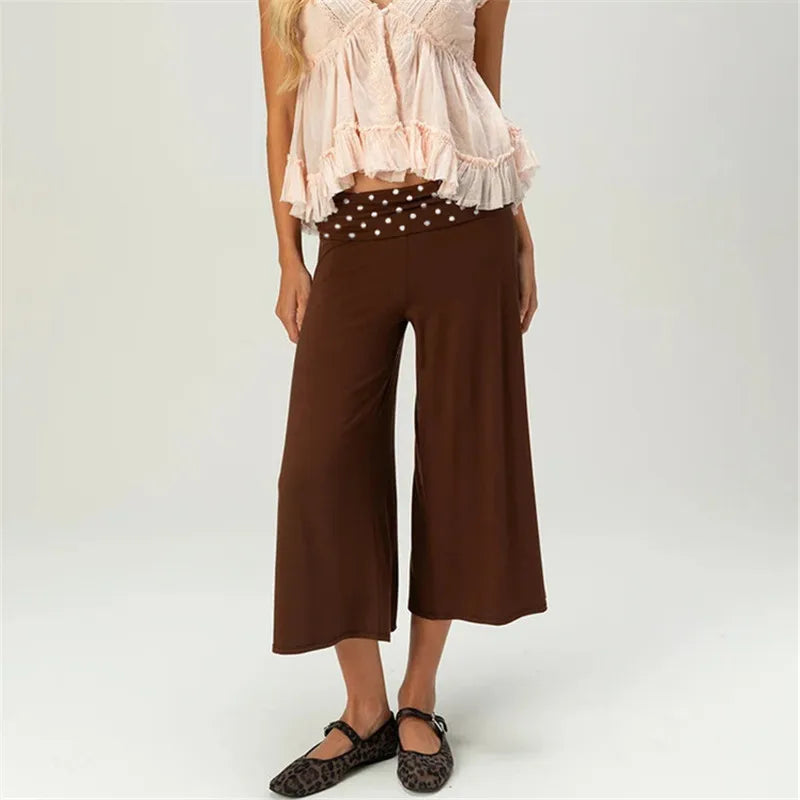 Gray Low-Rise Wide Leg Capri Pants Women's Y2K Fold-Over Waistband Capris 9