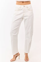 High Rise Stretchy Barrel Jeans with Frayed Hem 1
