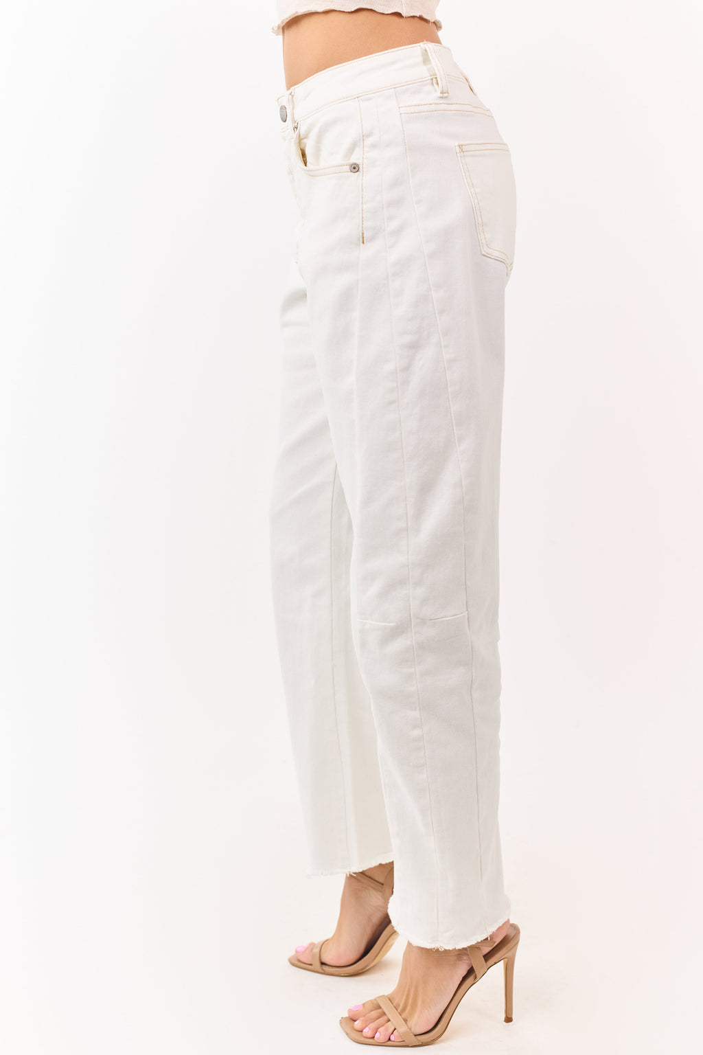 High Rise Stretchy Barrel Jeans with Frayed Hem 2