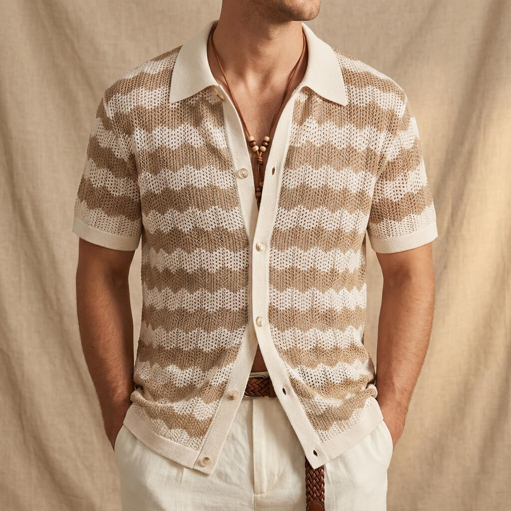 Lightweight Crochet Polo Shirt – Breathable Knit with Ribbed 4