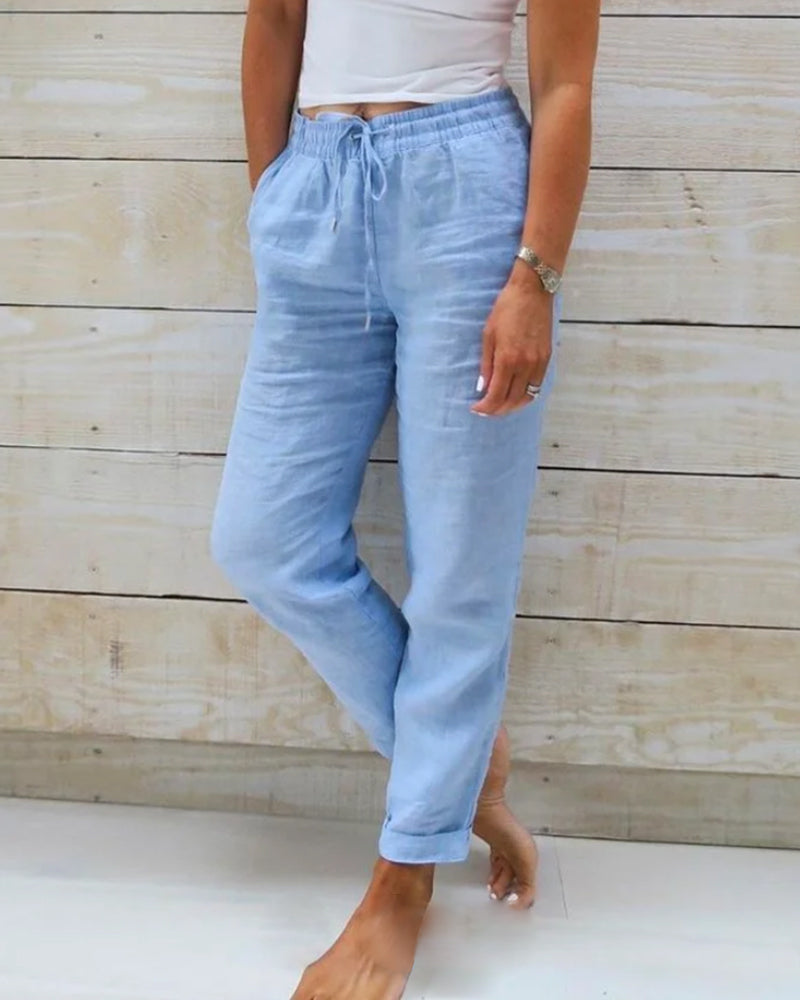 Lightweight White Linen Pants with Elastic 0